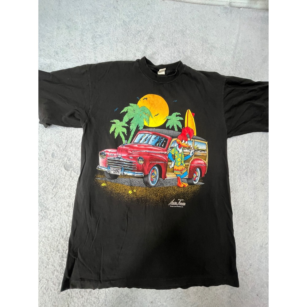 Vintage 90s Woody Woodpecker Auto Toons Surf T-Shirt Black XL Single Stitch - Picture 1 of 9